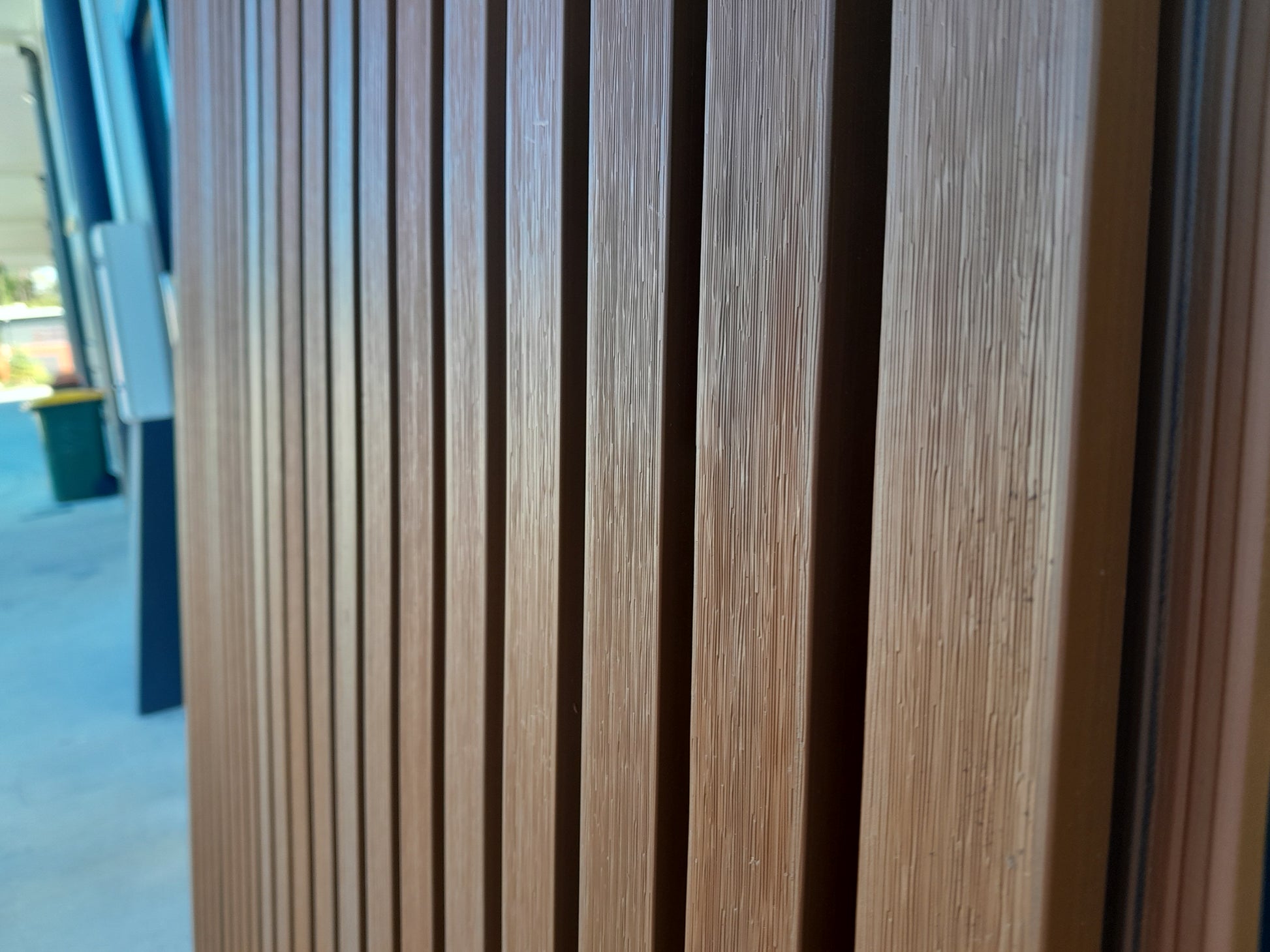 closeup of the wpc wall panels in teak