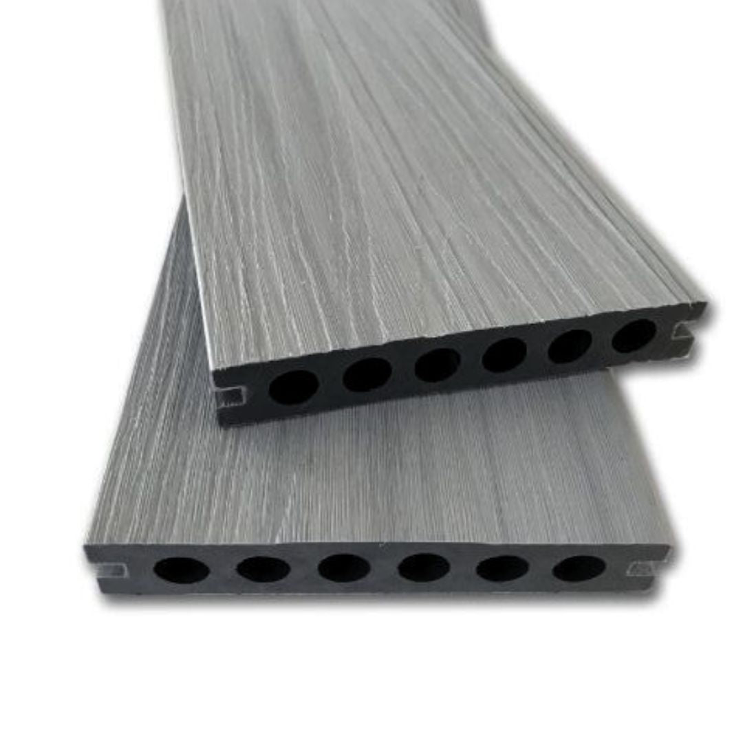 Wide-format composite decking panels, offering a sturdy and stylish solution for outdoor spaces