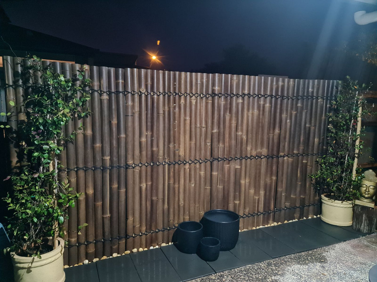 screening lit at night in a garden 