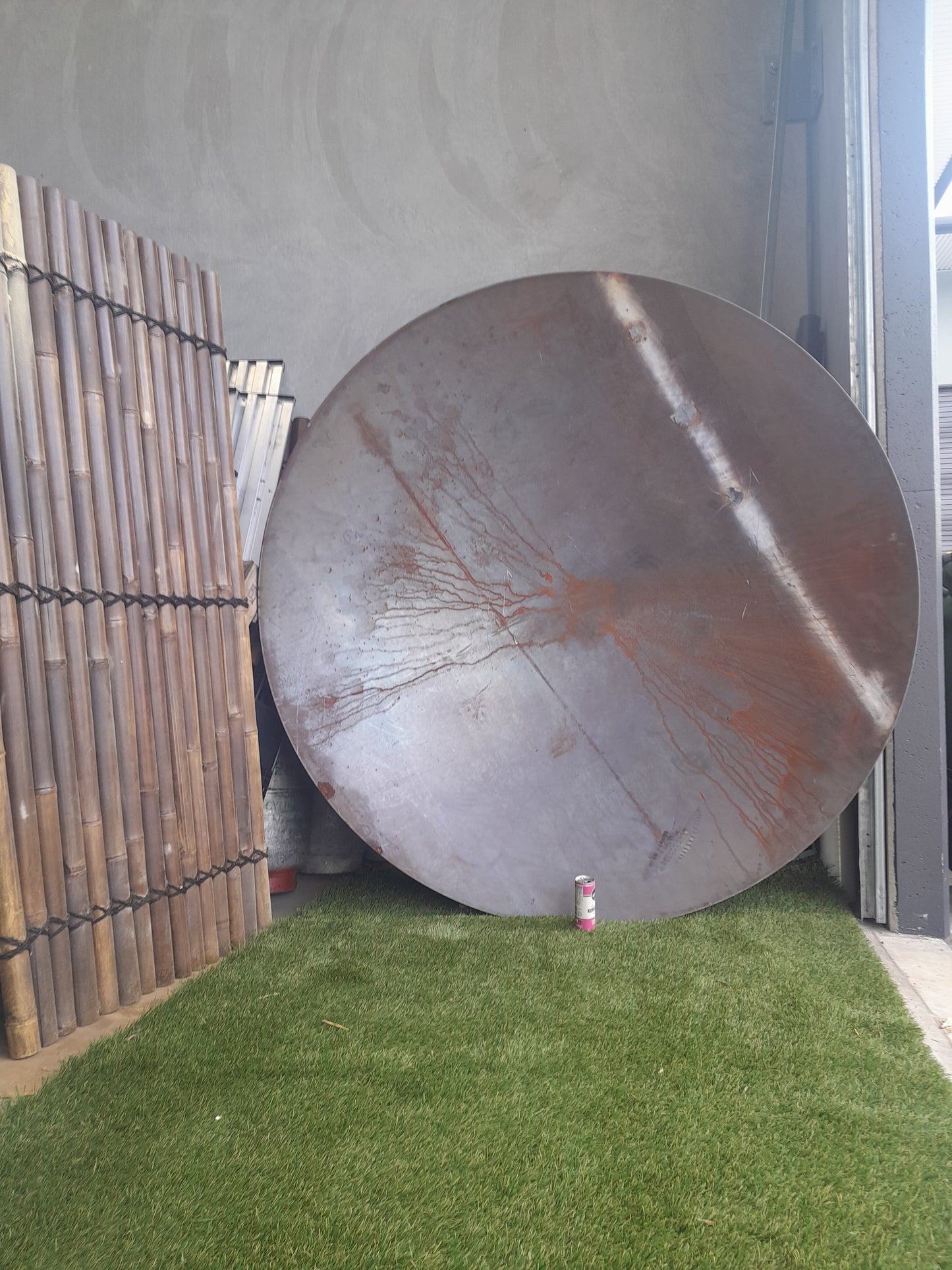 firepit with some bamboo and a can to show scale.