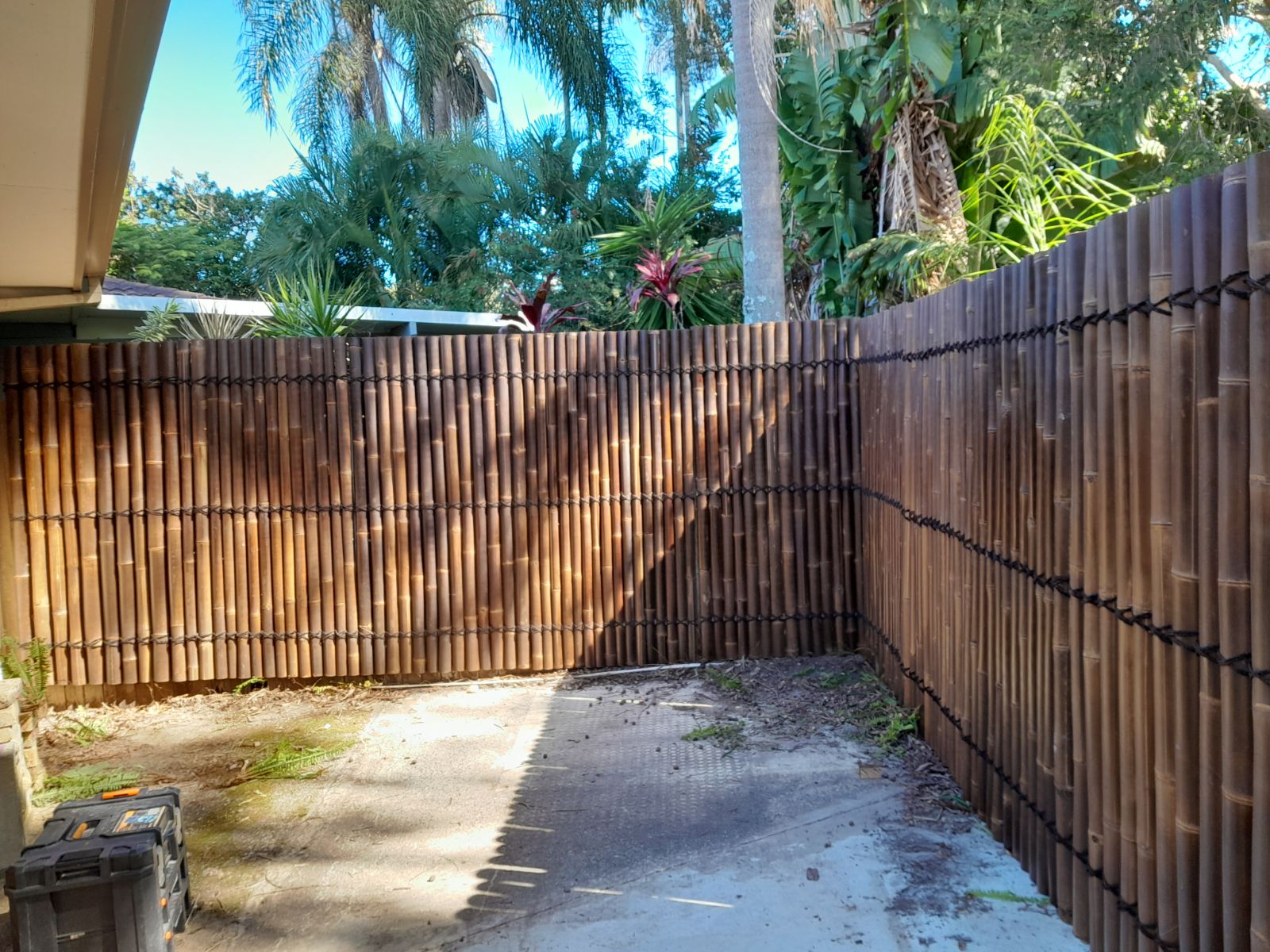 the corner of the garden is now improved and made more private thanks too bamboo fencing.
