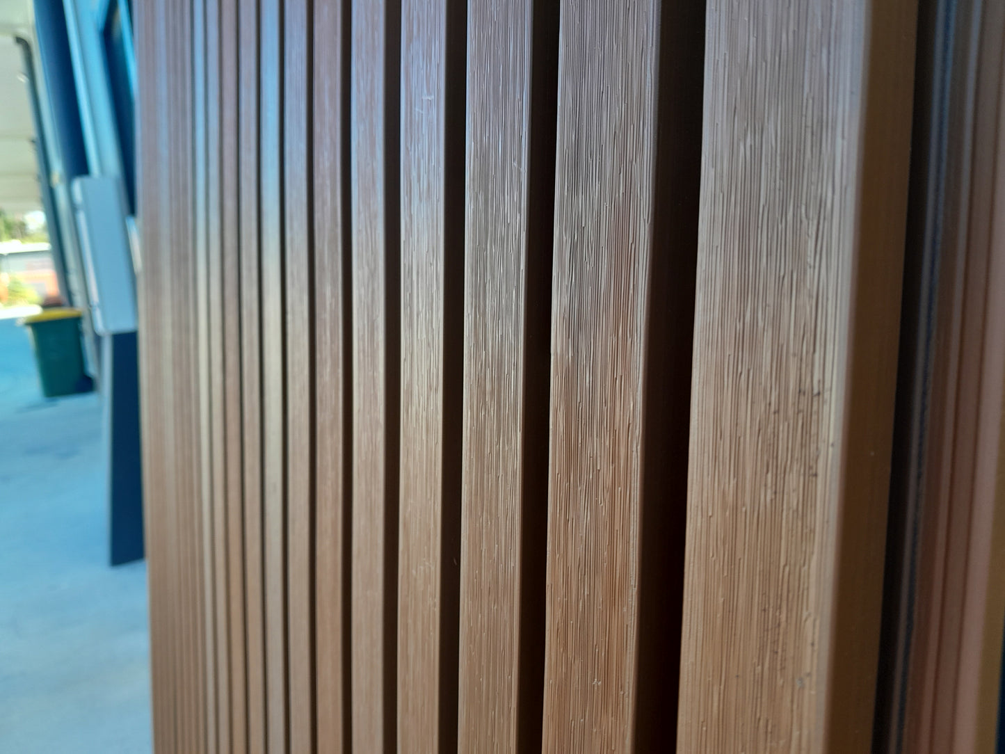 closeup of the wpc wall panels in teak